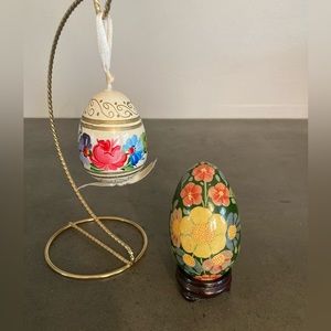 2 Vintage Hand Painted Eggs Wood Floral Red, Pink, Blue, Green, Signed Easter